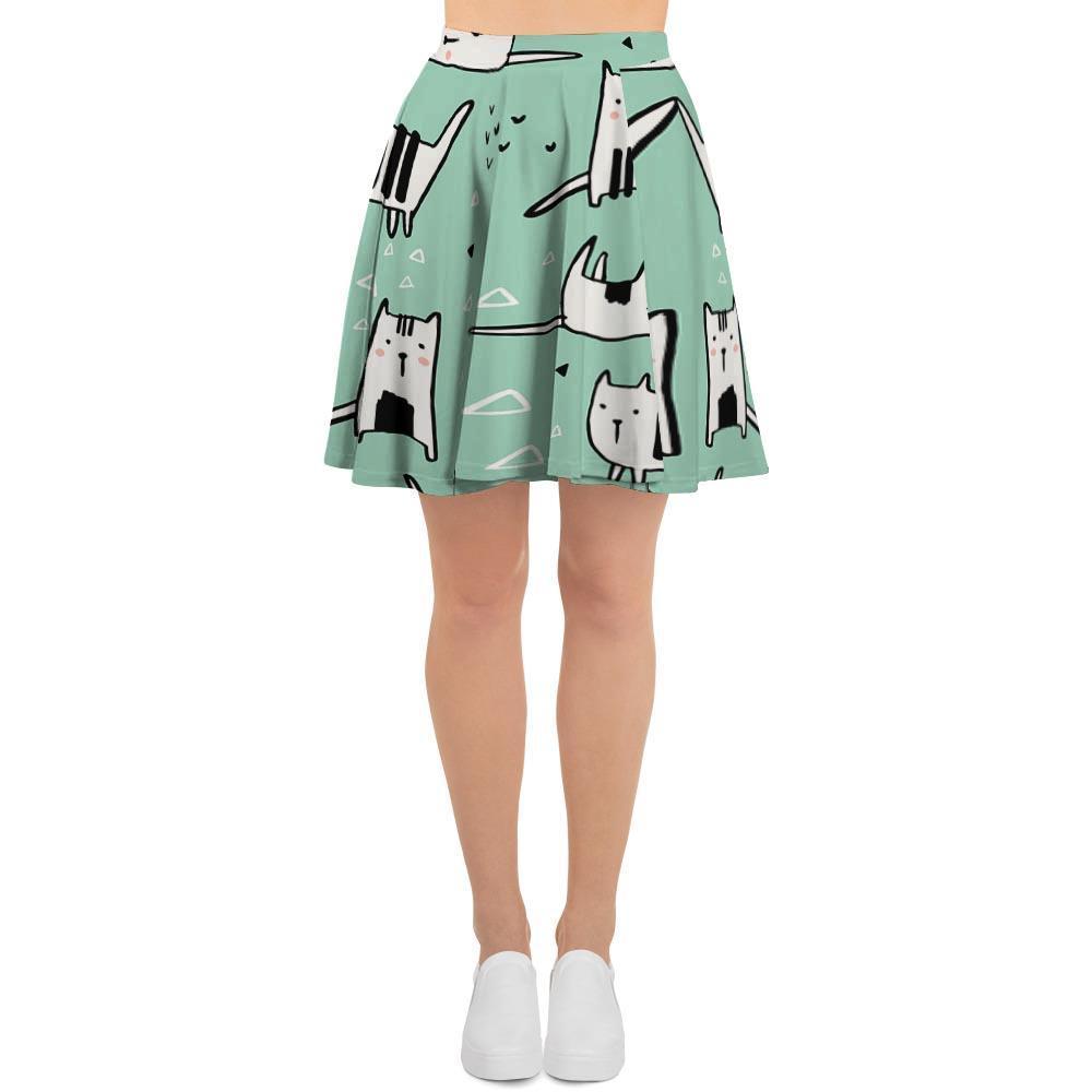 Cute Green Doodle Cat Print Women's Skirt-grizzshop