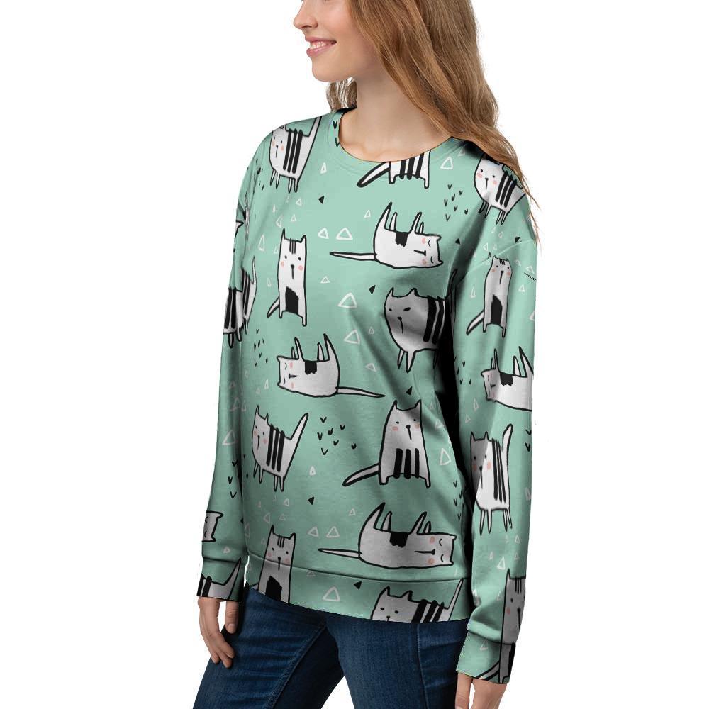 Cute Green Doodle Cat Print Women's Sweatshirt-grizzshop