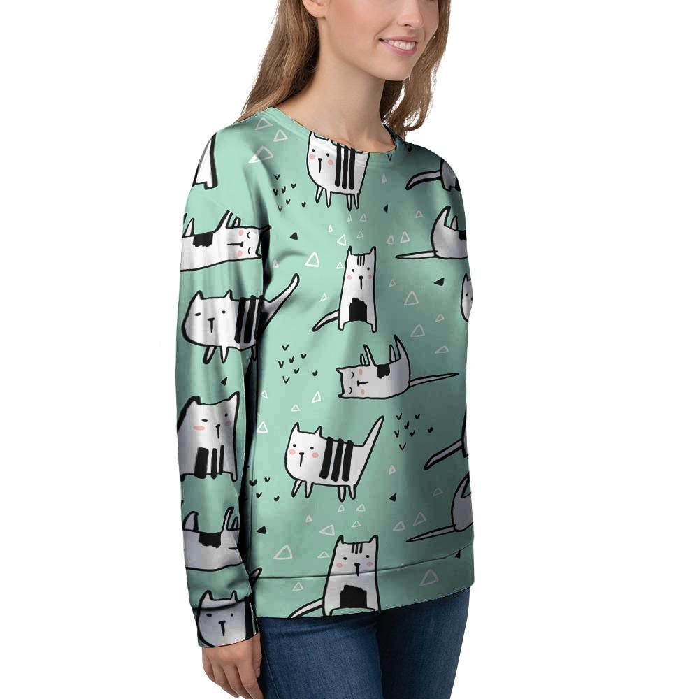 Cute Green Doodle Cat Print Women's Sweatshirt-grizzshop