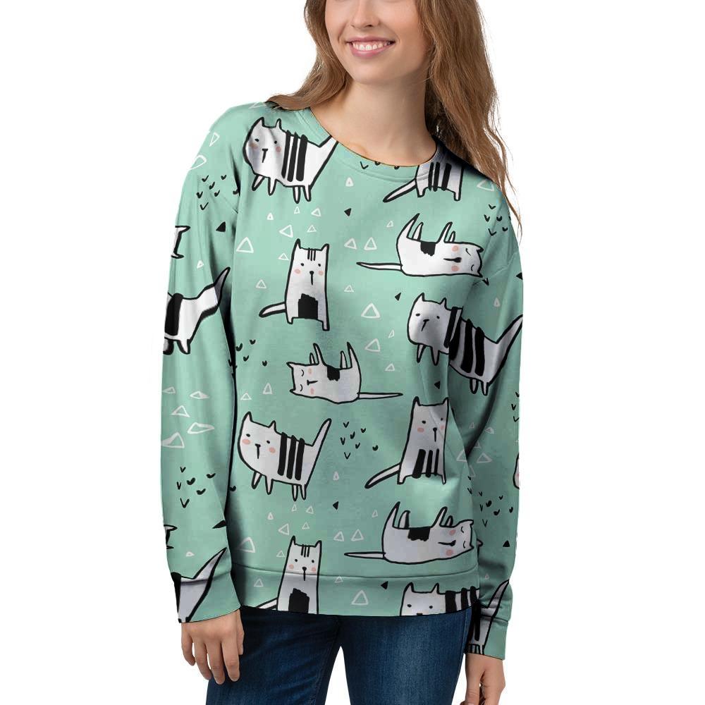 Cute Green Doodle Cat Print Women's Sweatshirt-grizzshop