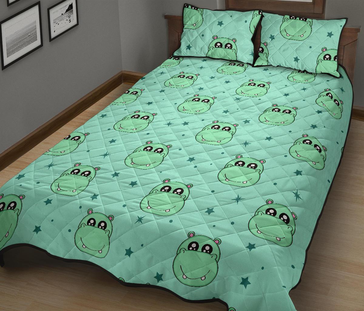 Cute Hippo Pattern Print Bed Set Quilt-grizzshop