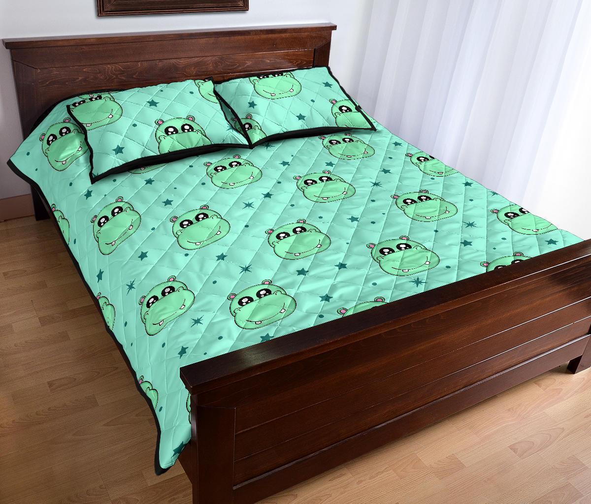 Cute Hippo Pattern Print Bed Set Quilt-grizzshop
