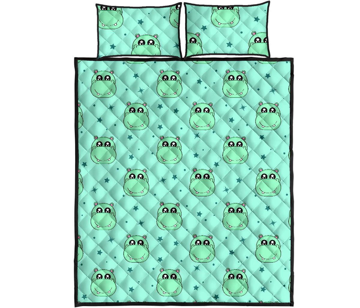 Cute Hippo Pattern Print Bed Set Quilt-grizzshop