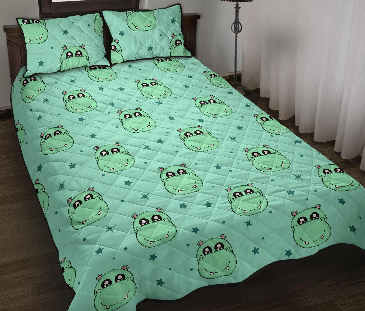 Cute Hippo Pattern Print Bed Set Quilt-grizzshop