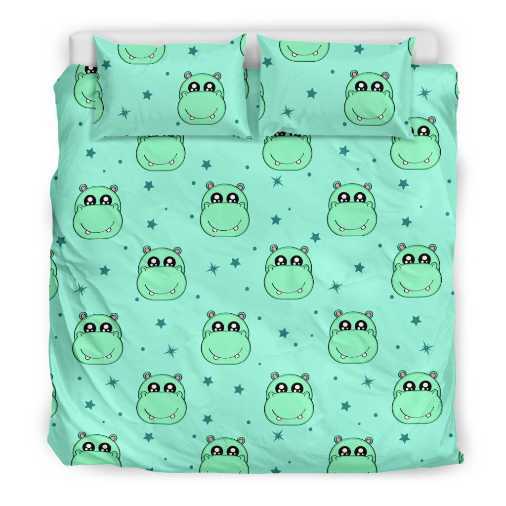 Cute Hippo Pattern Print Duvet Cover Bedding Set-grizzshop