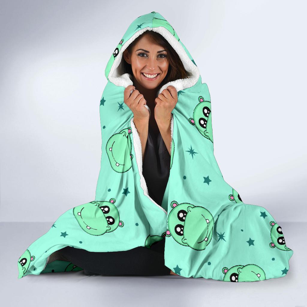 Cute Hippo Pattern Print Hooded Blanket-grizzshop
