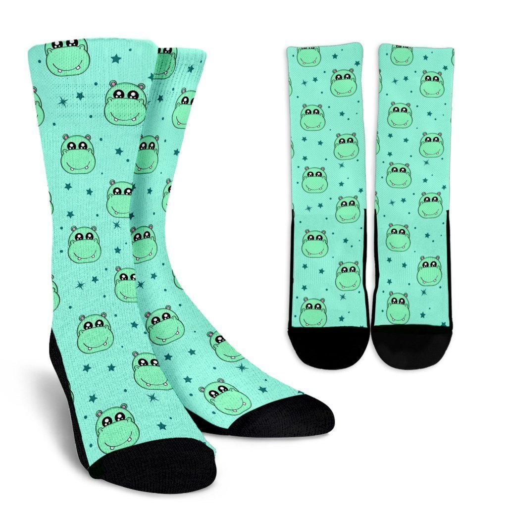 Cute Hippo Pattern Print Unisex Crew Socks-grizzshop