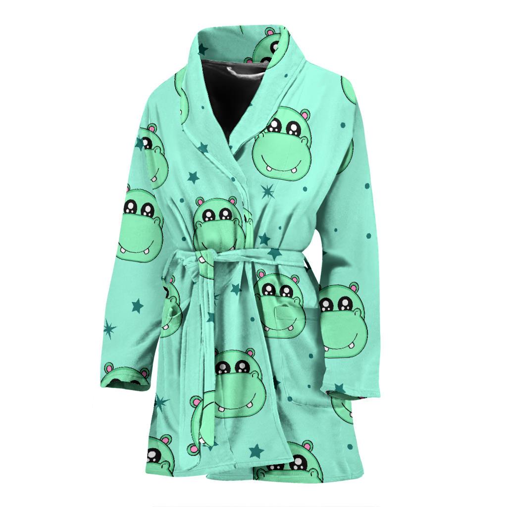 Cute Hippo Pattern Print Women Long Robe-grizzshop