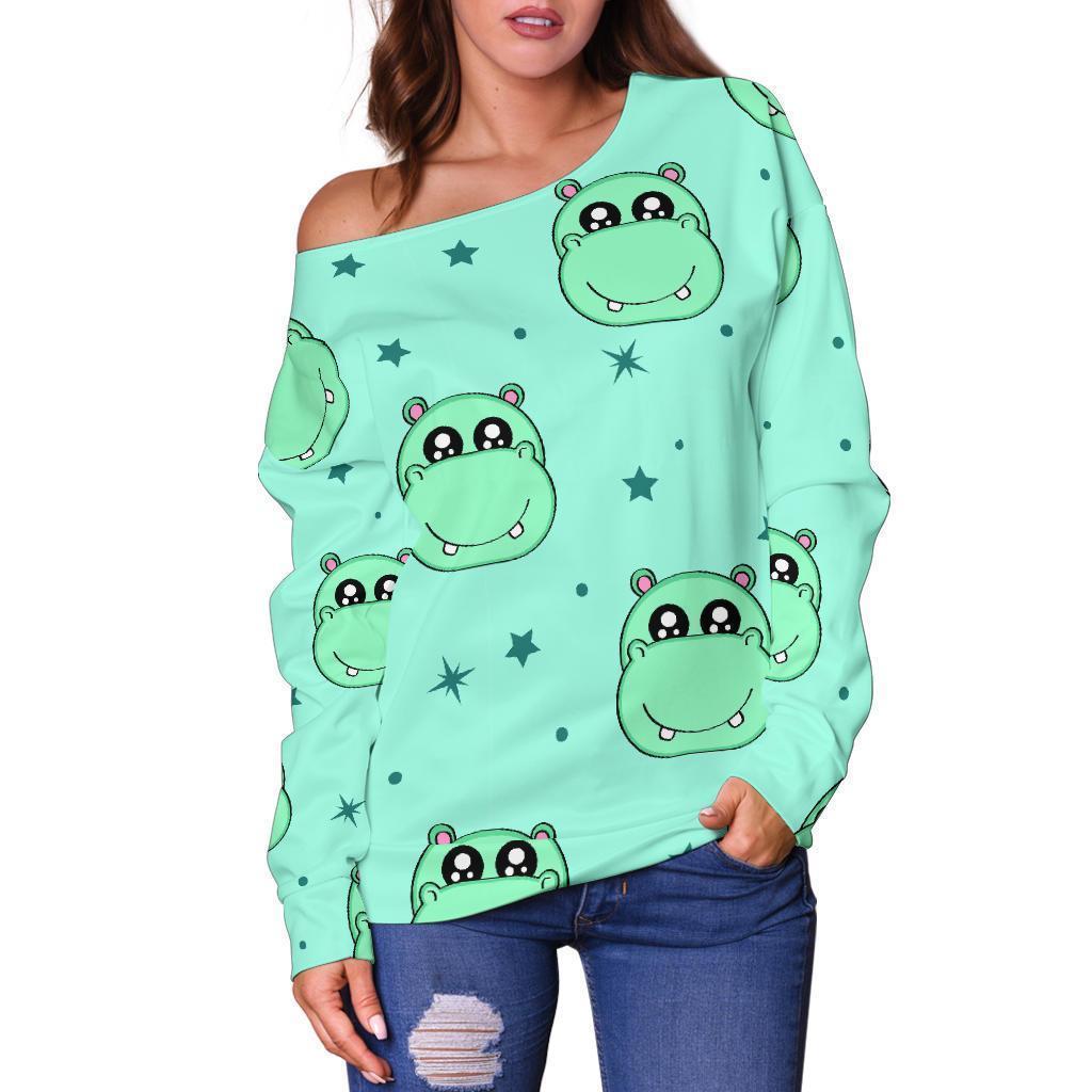 Cute Hippo Pattern Print Women Off Shoulder Sweatshirt-grizzshop