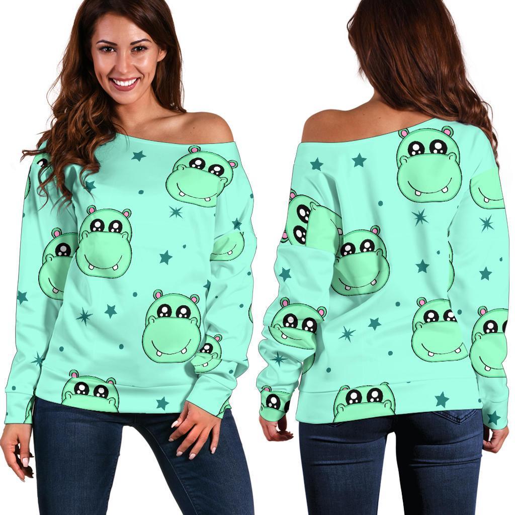 Cute Hippo Pattern Print Women Off Shoulder Sweatshirt-grizzshop