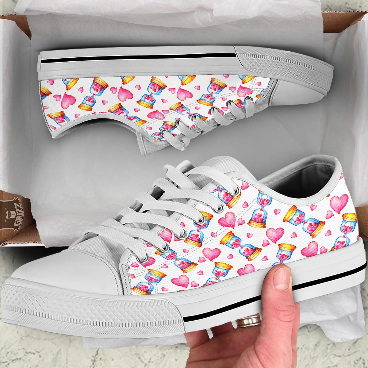 Cute Hourglass Hearts Print Pattern White Low Top Shoes-grizzshop