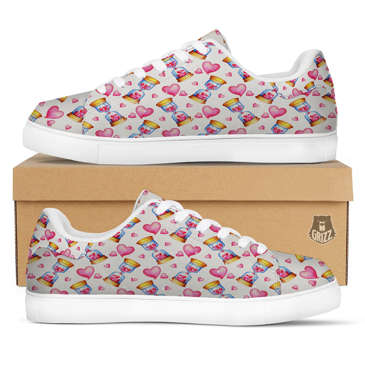Cute Hourglass Hearts Print Pattern White Low Top Sneakers-grizzshop