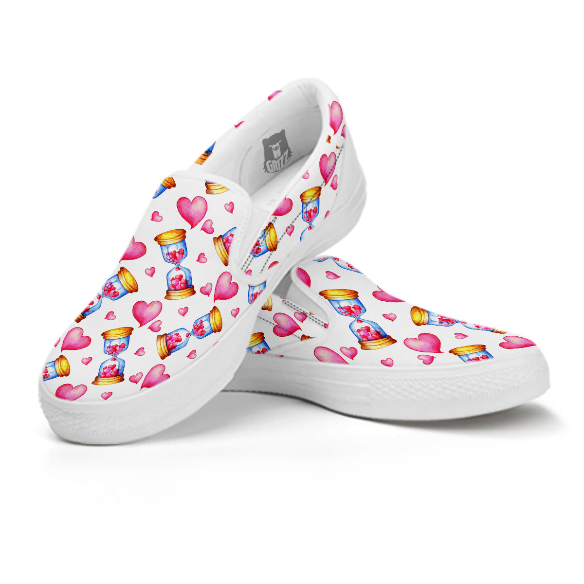 Cute Hourglass Hearts Print Pattern White Slip On Shoes-grizzshop