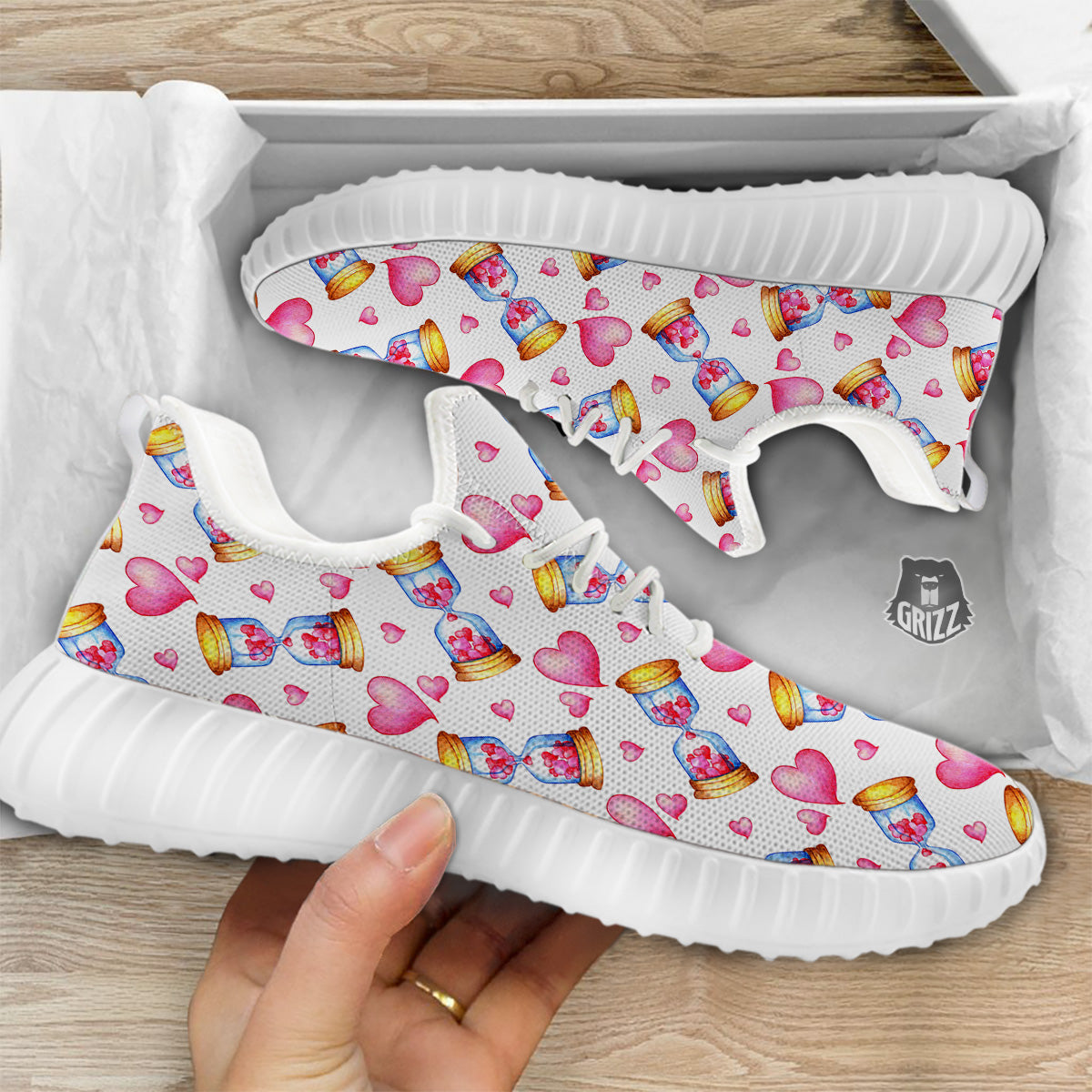 Cute Hourglass Hearts Print Pattern White Walking Shoes-grizzshop