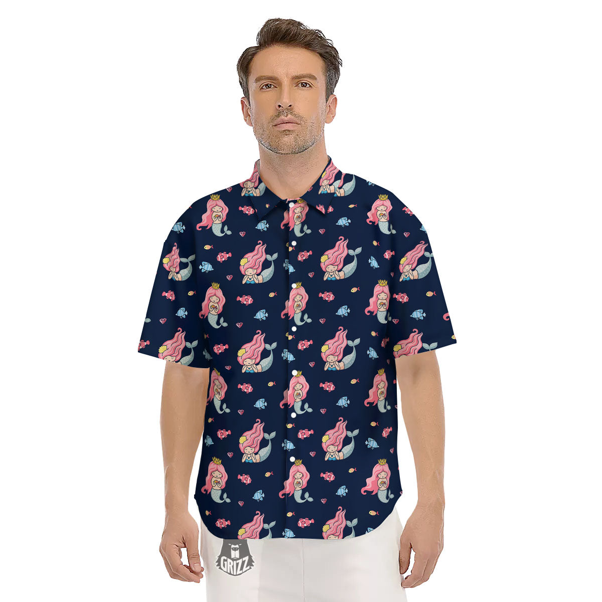 Cute Little Mermaid Print Pattern Men's Short Sleeve Shirts-grizzshop