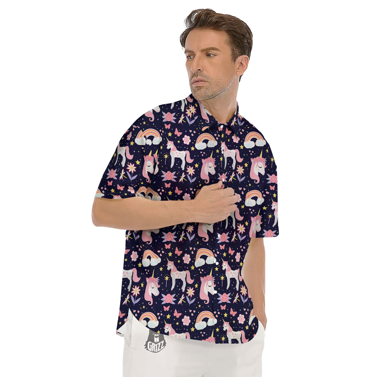 Cute Little Unicorn Print Pattern Men's Short Sleeve Shirts-grizzshop