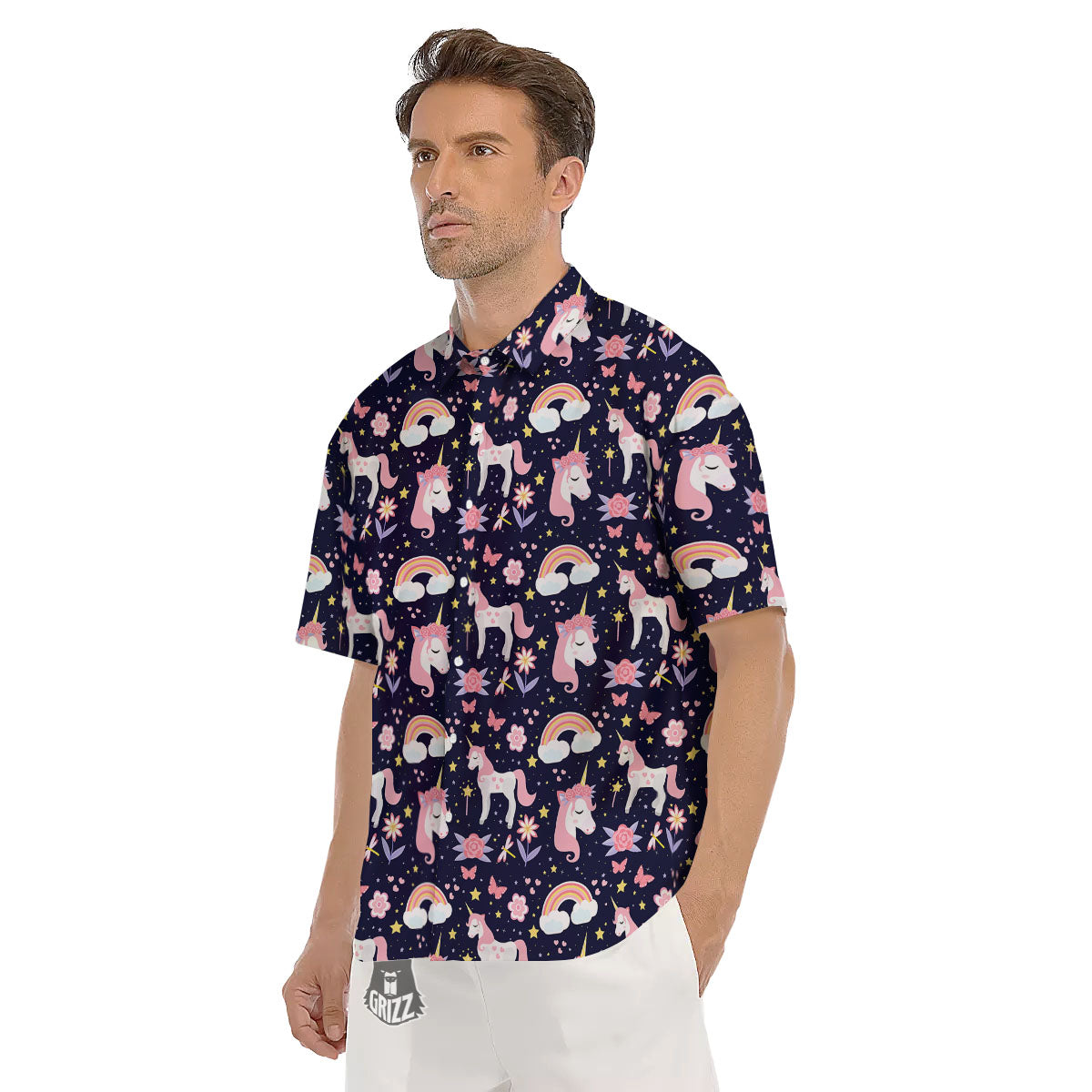 Cute Little Unicorn Print Pattern Men's Short Sleeve Shirts-grizzshop