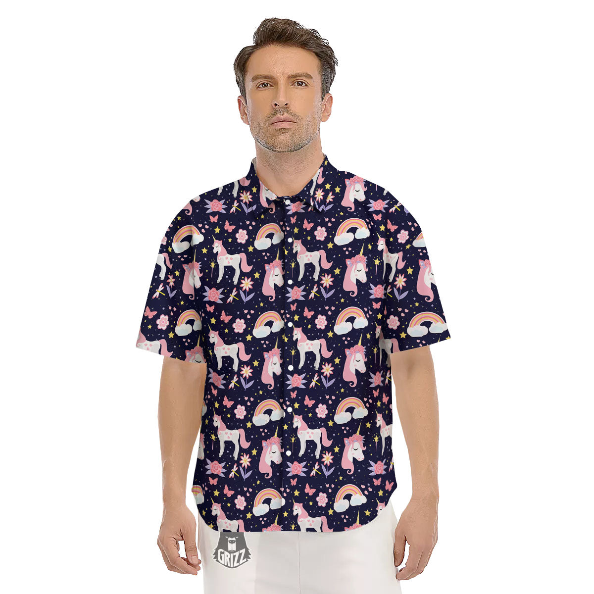 Cute Little Unicorn Print Pattern Men's Short Sleeve Shirts-grizzshop