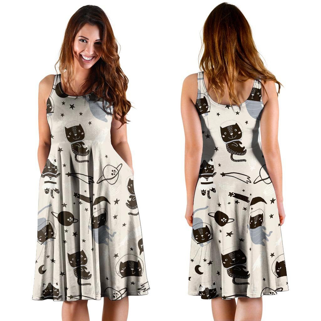 Cute Meow Astronaut Cat Print Dress-grizzshop