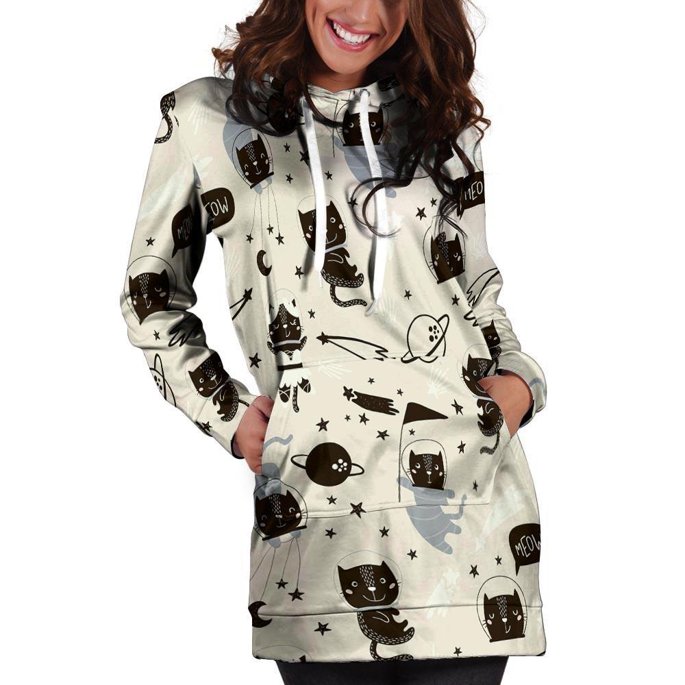 Cute Meow Astronaut Cat Print Hoodie Dress-grizzshop