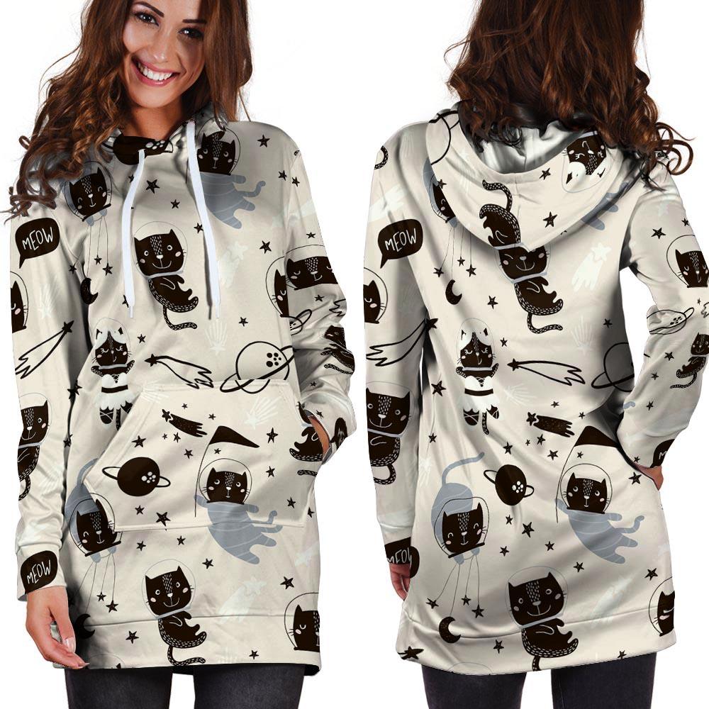 Cute Meow Astronaut Cat Print Hoodie Dress-grizzshop