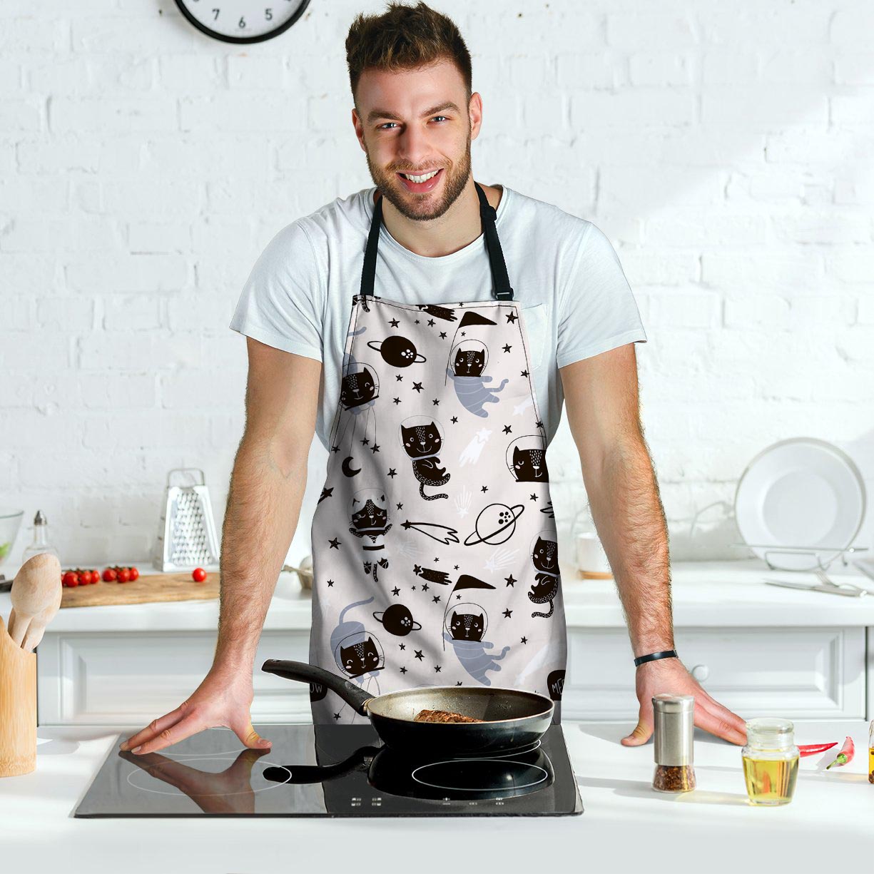 Cute Meow Astronaut Cat Print Men's Apron-grizzshop