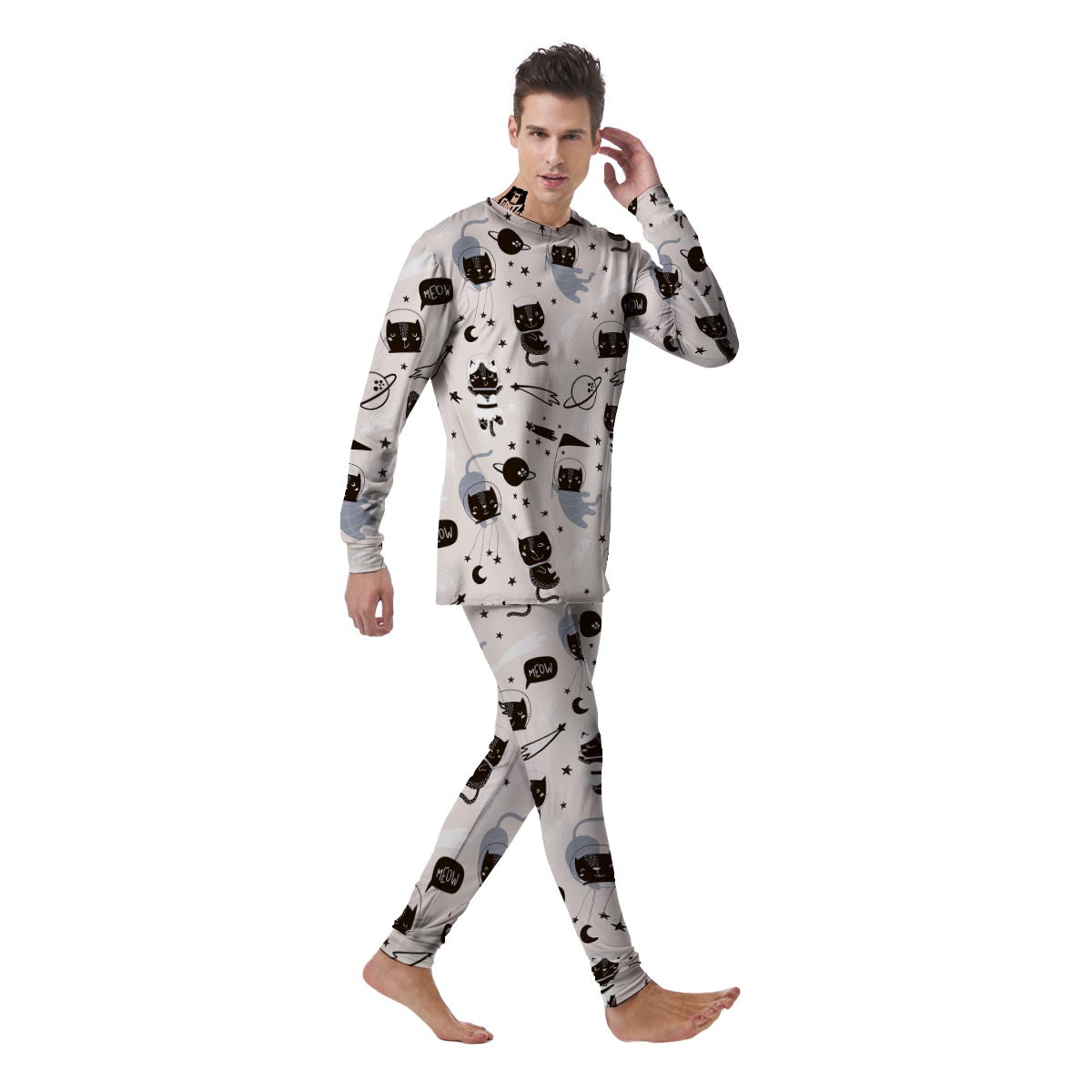 Cute Meow Astronaut Cat Print Men's Pajamas-grizzshop