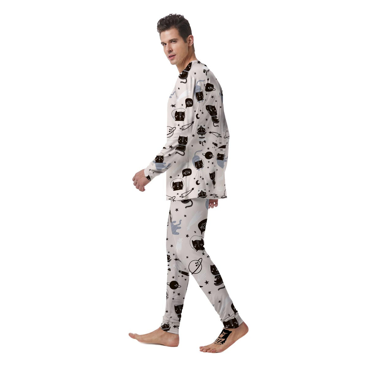 Cute Meow Astronaut Cat Print Men's Pajamas-grizzshop