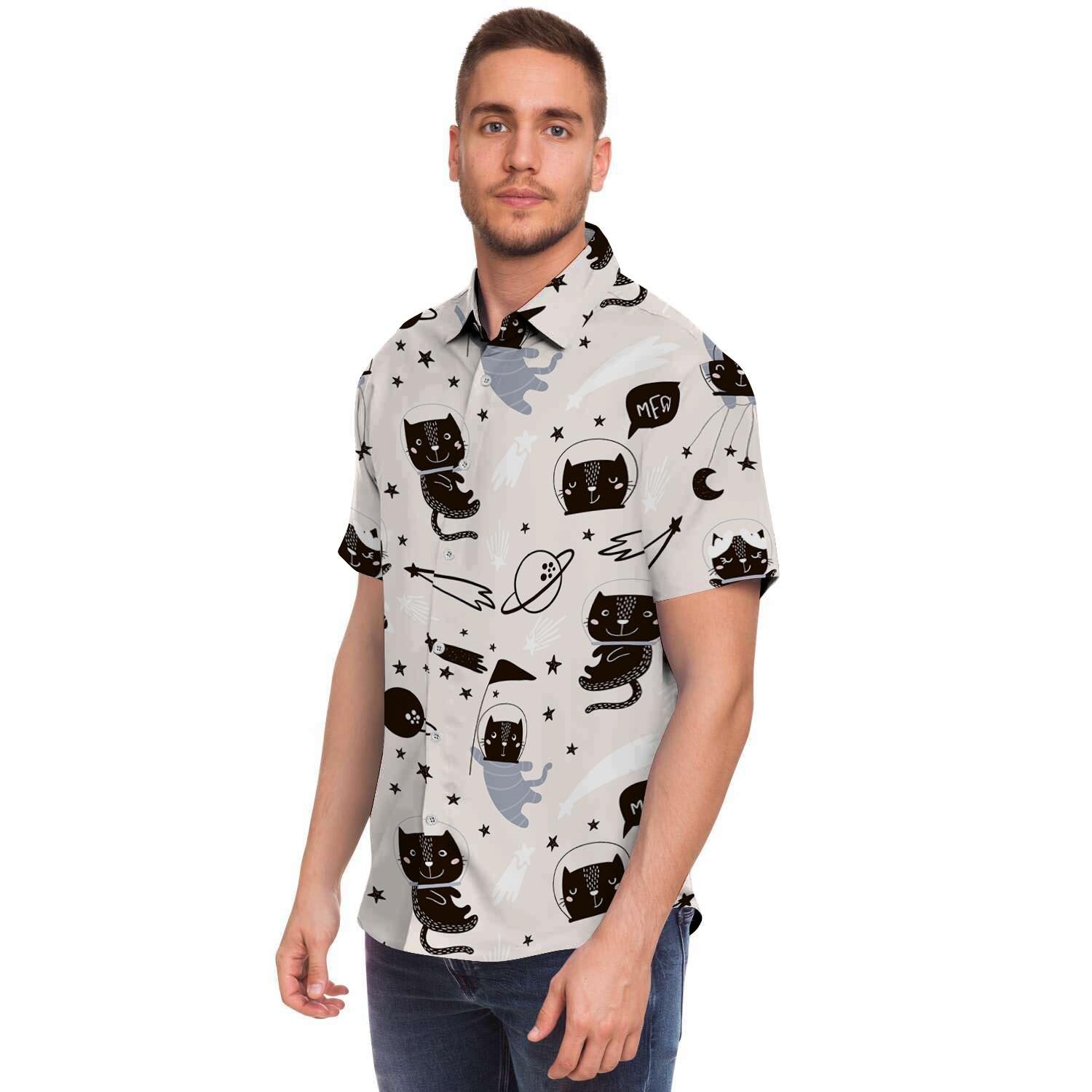 Cute Meow Astronaut Cat Print Men's Short Sleeve Shirt-grizzshop