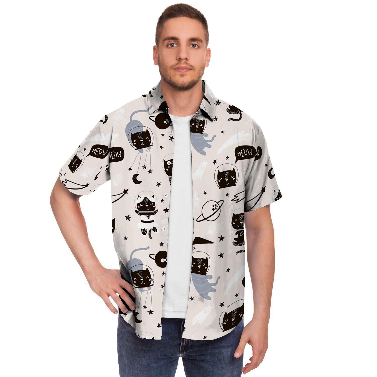 Cute Meow Astronaut Cat Print Men's Short Sleeve Shirt-grizzshop