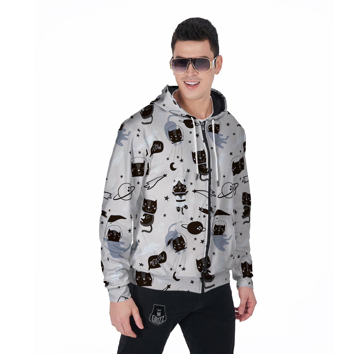 Cute Meow Astronaut Cat Print Men's Zip Up Hoodie-grizzshop