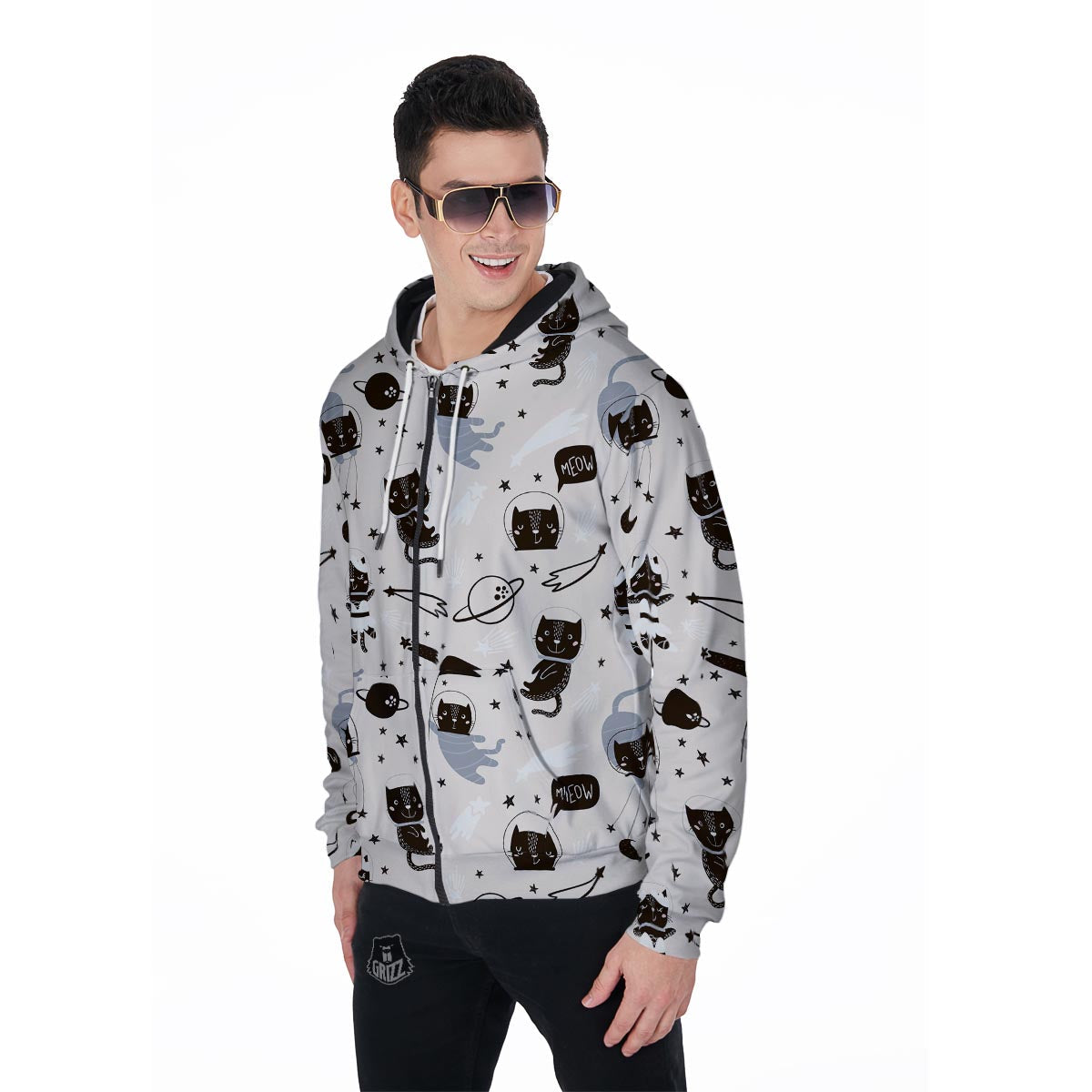 Cute Meow Astronaut Cat Print Men's Zip Up Hoodie-grizzshop