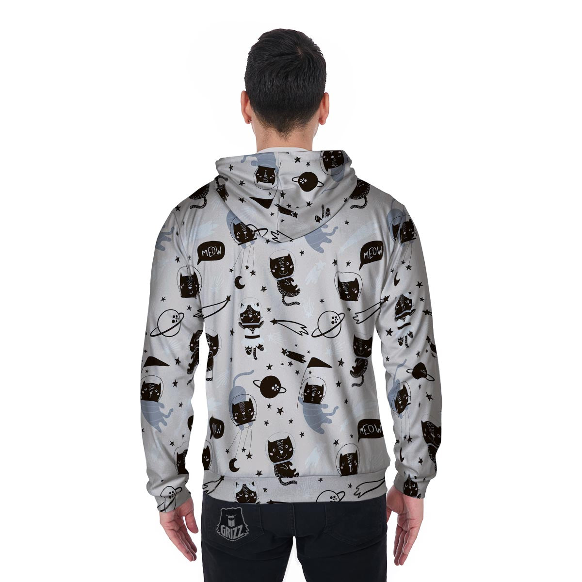 Cute Meow Astronaut Cat Print Men's Zip Up Hoodie-grizzshop