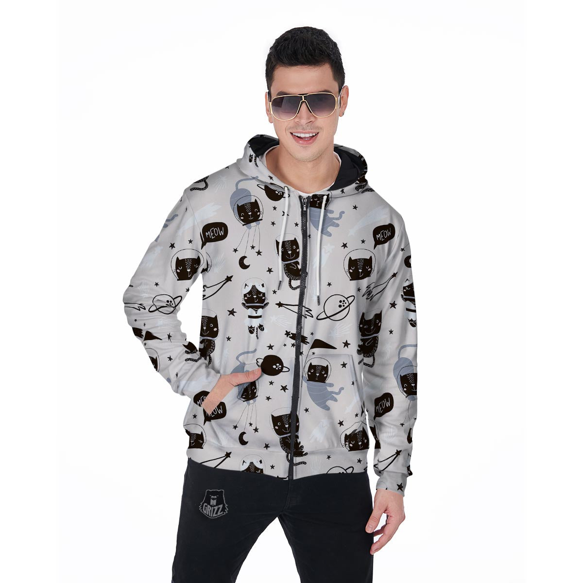 Cute Meow Astronaut Cat Print Men's Zip Up Hoodie-grizzshop