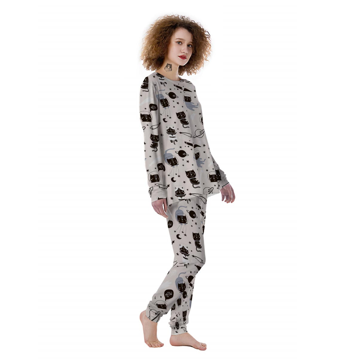 Cute Meow Astronaut Cat Print Women's Pajamas-grizzshop