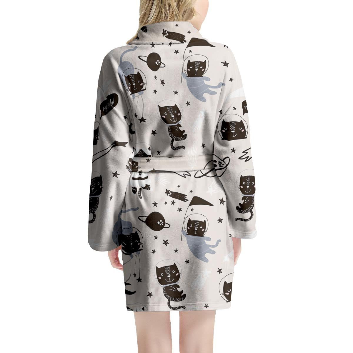 Cute Meow Astronaut Cat Print Women's Robe-grizzshop