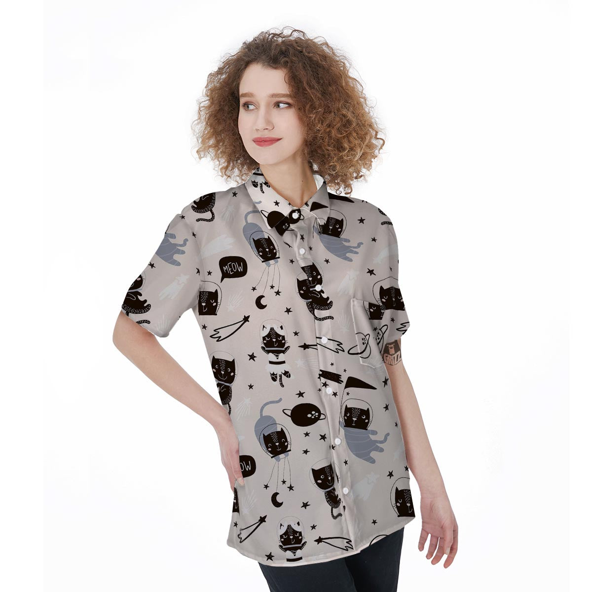 Cute Meow Astronaut Cat Print Women's Short Sleeve Shirts-grizzshop