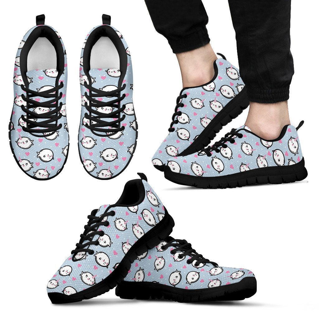 Cute Narwhal Pattern Print Black Sneaker Shoes For Men Women-grizzshop