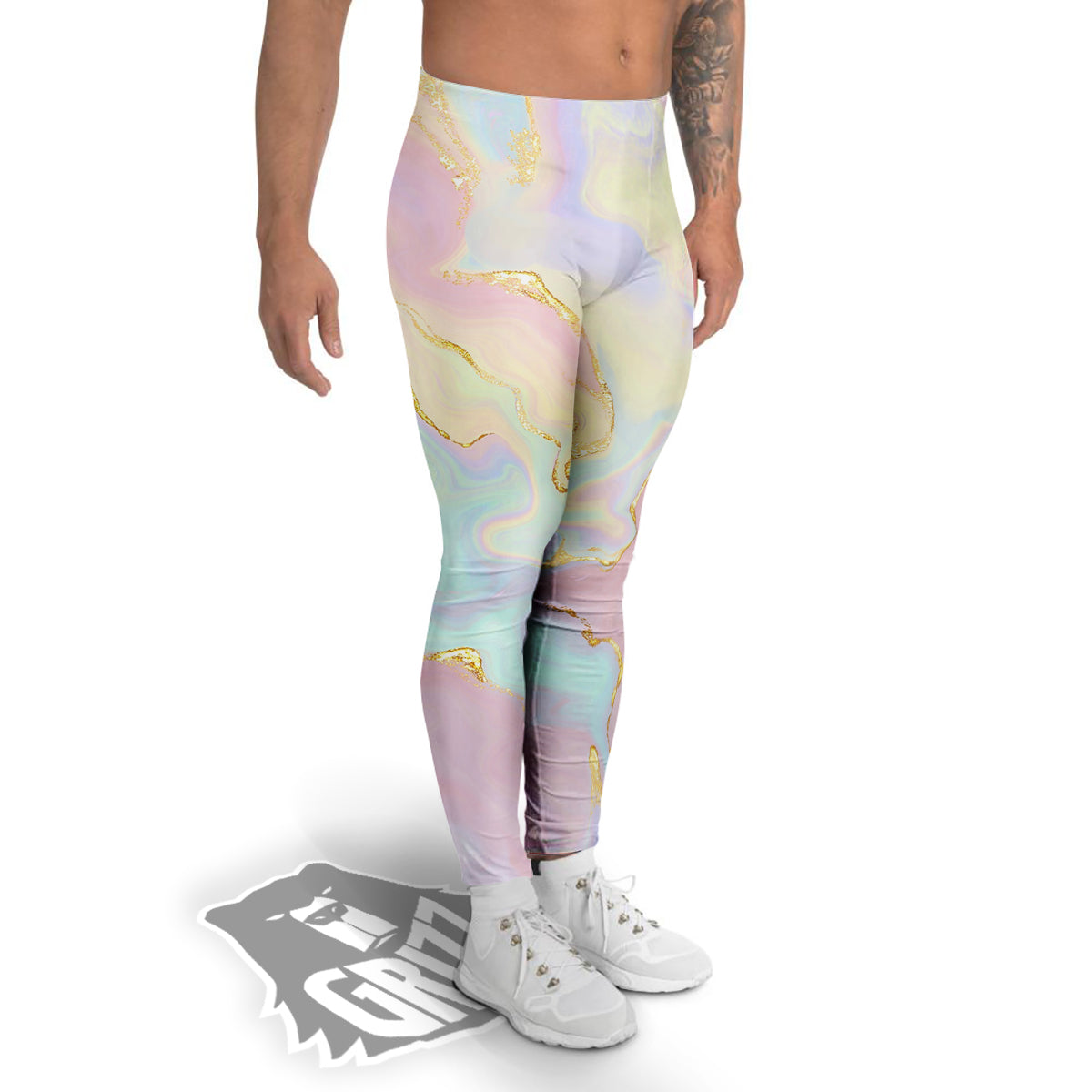 Cute Pastel Gold Marble Print Men's Leggings-grizzshop