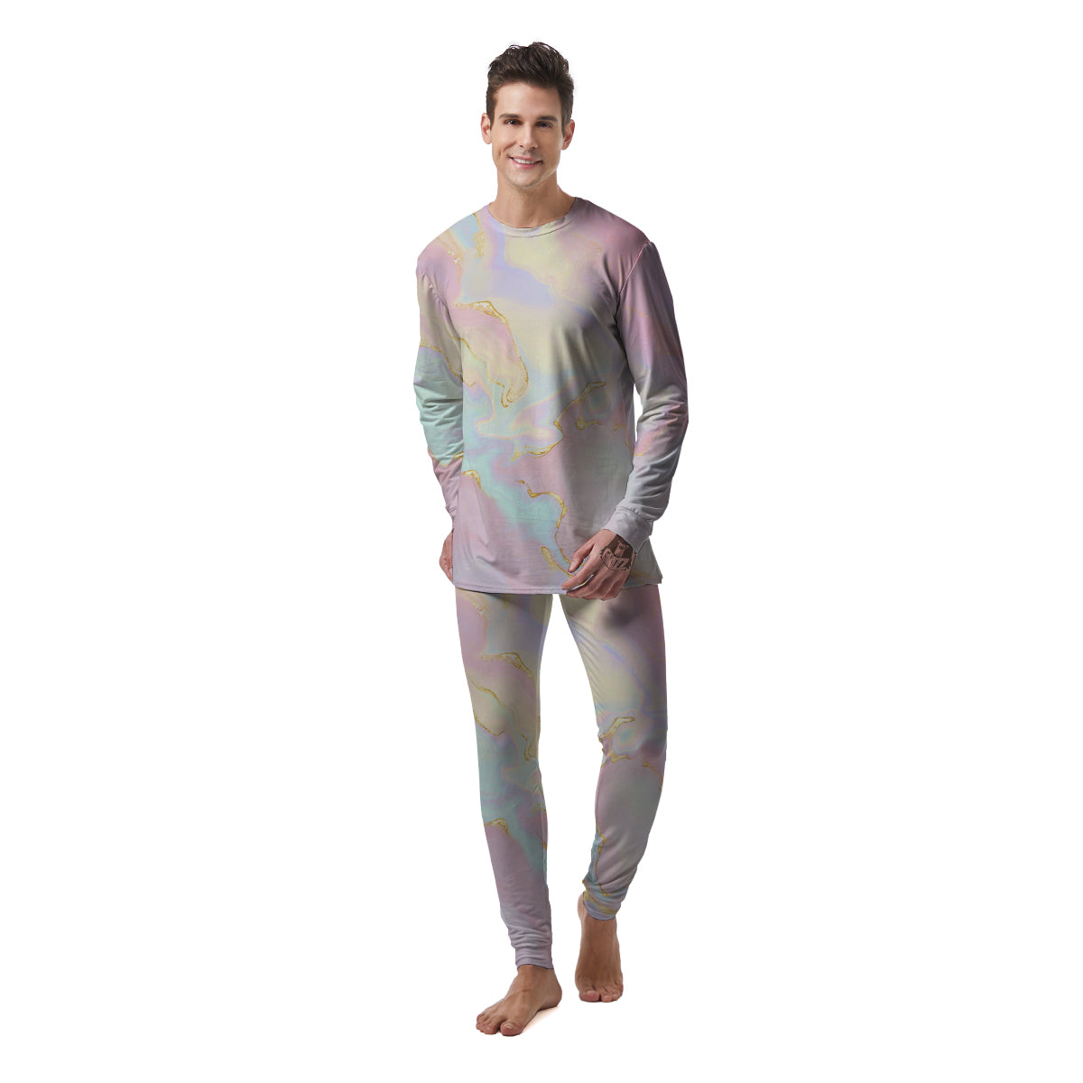 Cute Pastel Gold Marble Print Men's Pajamas-grizzshop