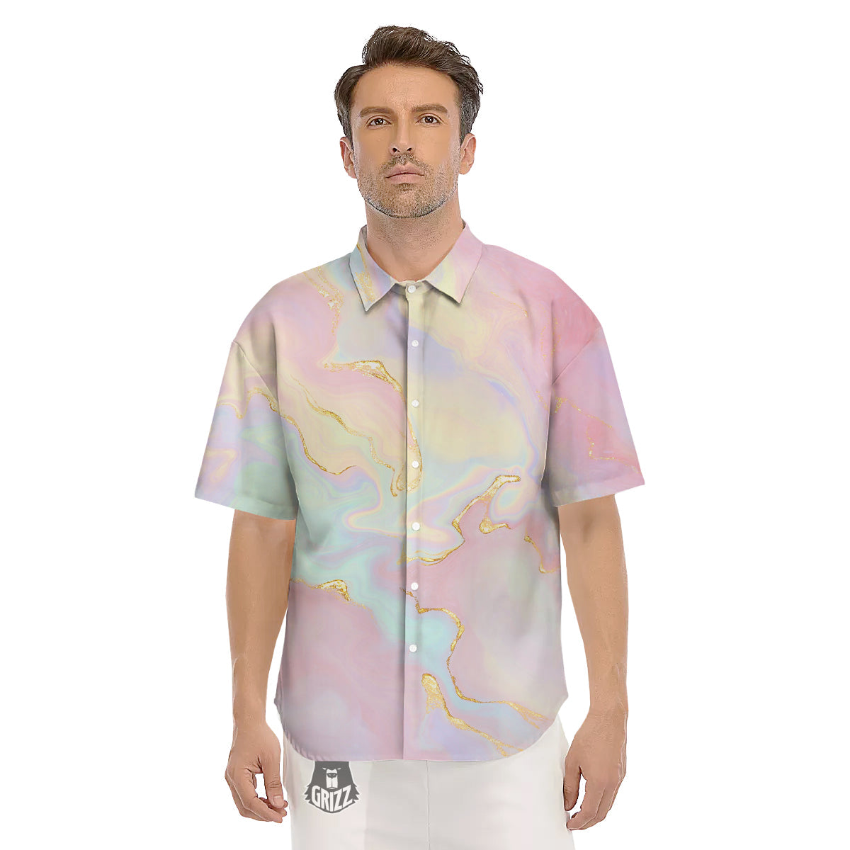 Cute Pastel Gold Marble Print Men's Short Sleeve Shirts-grizzshop