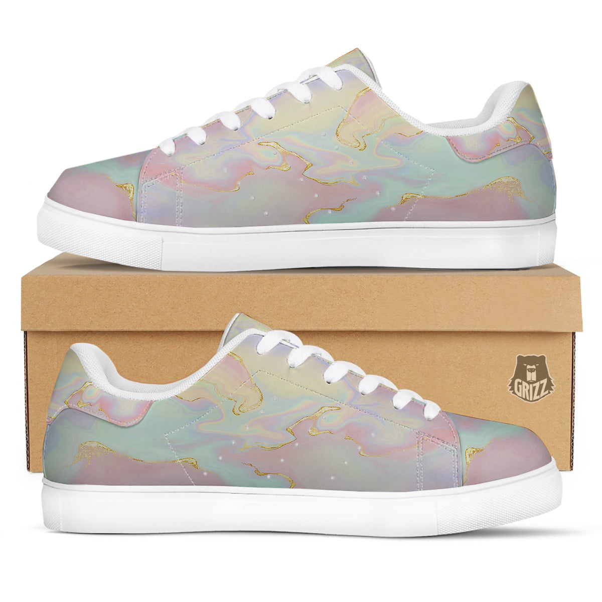 Cute Pastel Gold Marble Print White Low Top Sneakers-grizzshop
