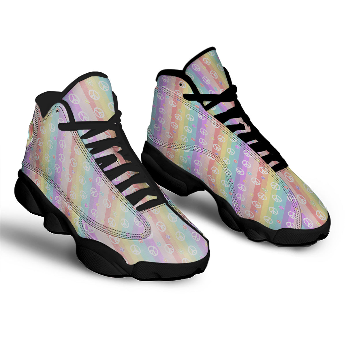 Cute Peace Symbol And Daisy Print Pattern Black Basketball Shoes-grizzshop