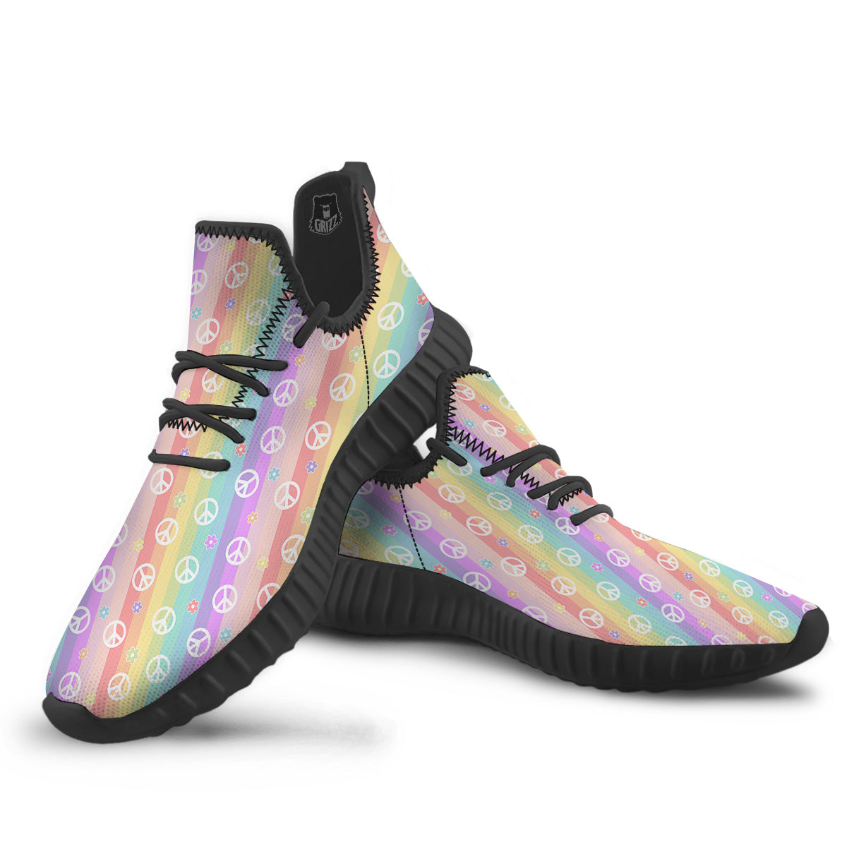 Cute Peace Symbol And Daisy Print Pattern Black Walking Shoes-grizzshop