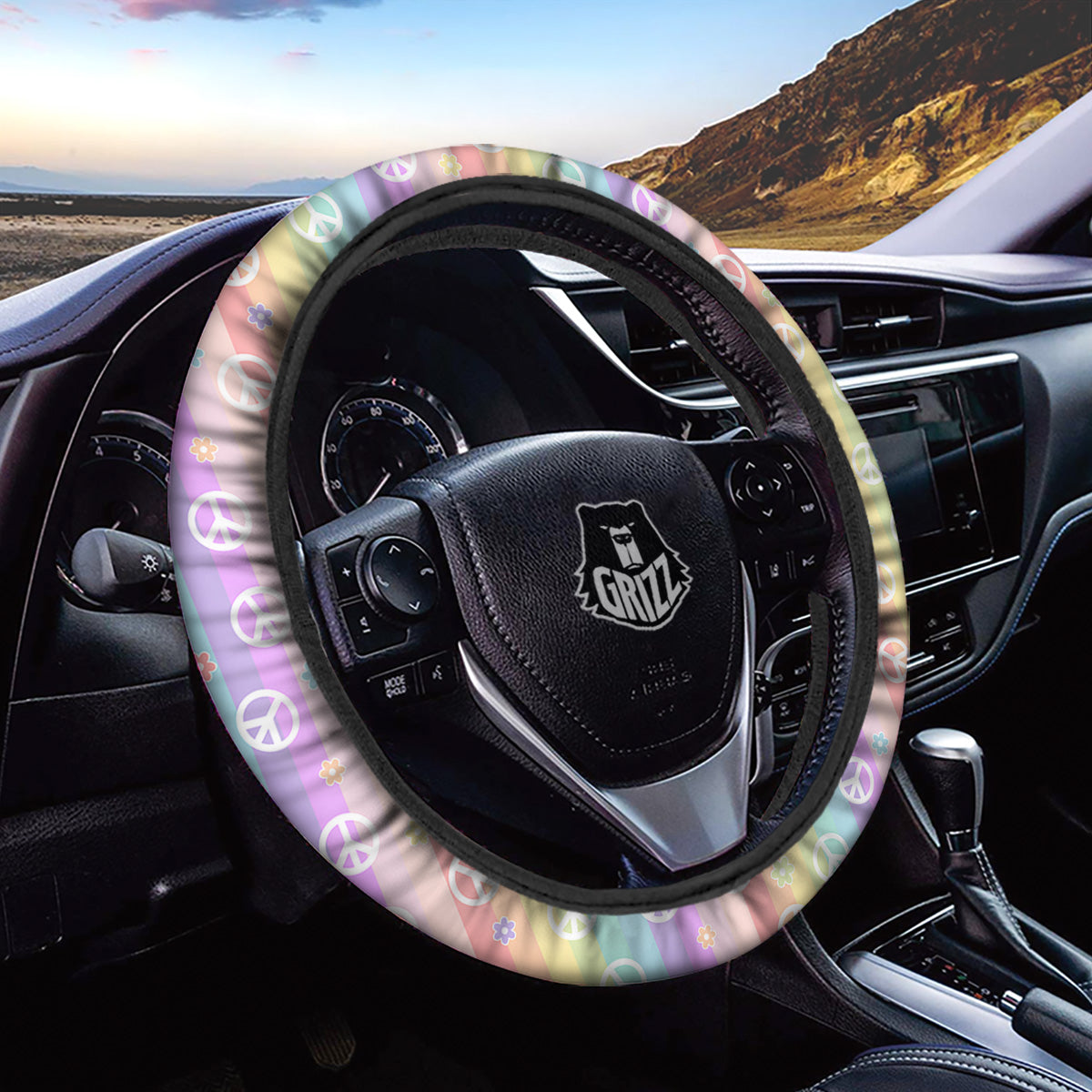 Cute Peace Symbol And Daisy Print Pattern Car Steering Wheel Cover-grizzshop