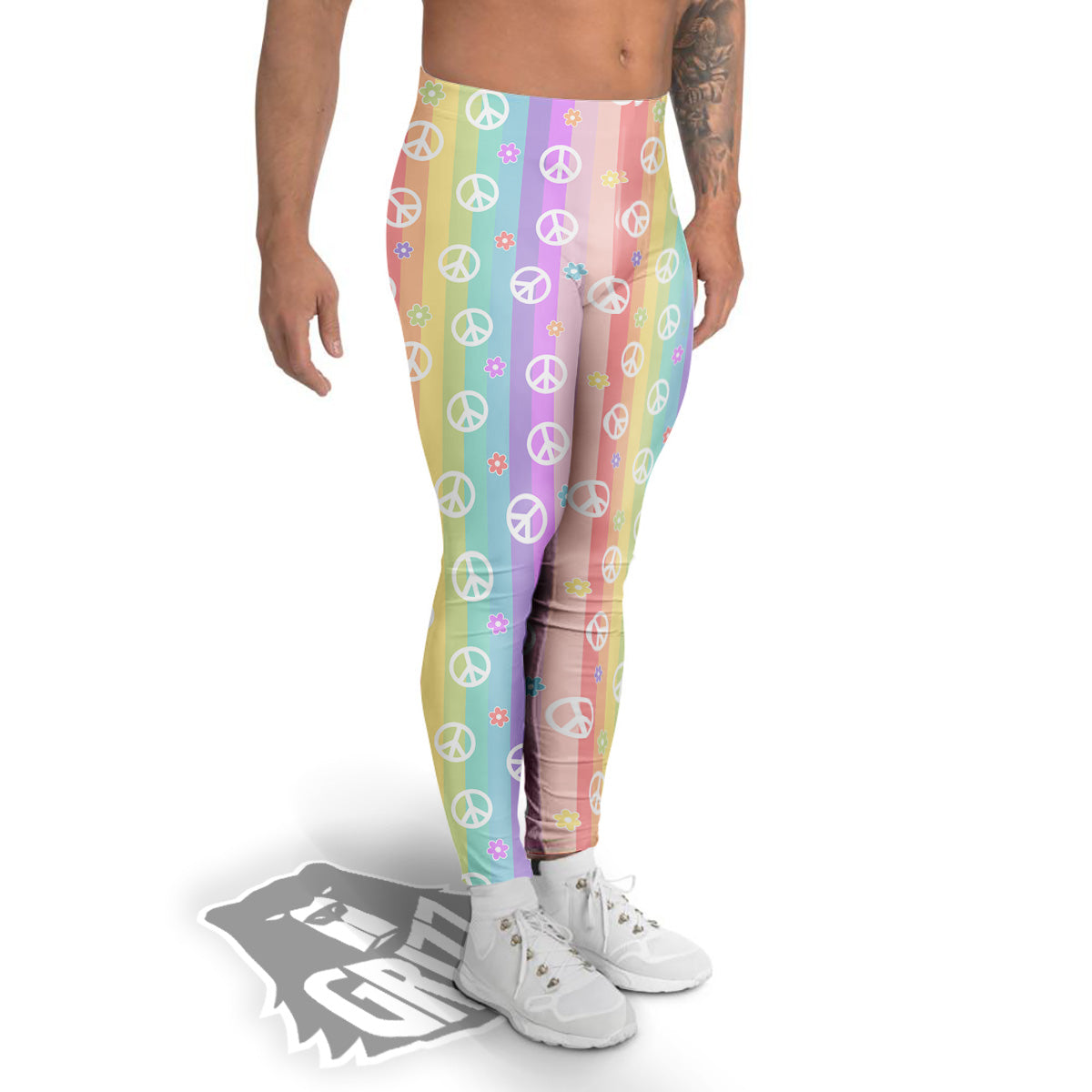 Cute Peace Symbol And Daisy Print Pattern Men's Leggings-grizzshop