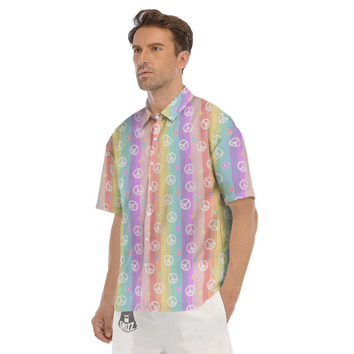 Cute Peace Symbol And Daisy Print Pattern Men's Short Sleeve Shirts-grizzshop