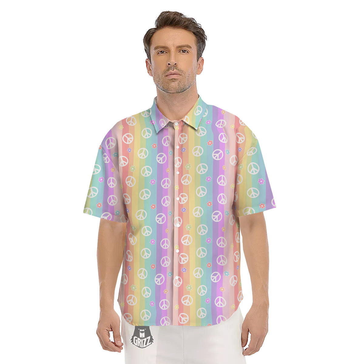 Cute Peace Symbol And Daisy Print Pattern Men's Short Sleeve Shirts-grizzshop