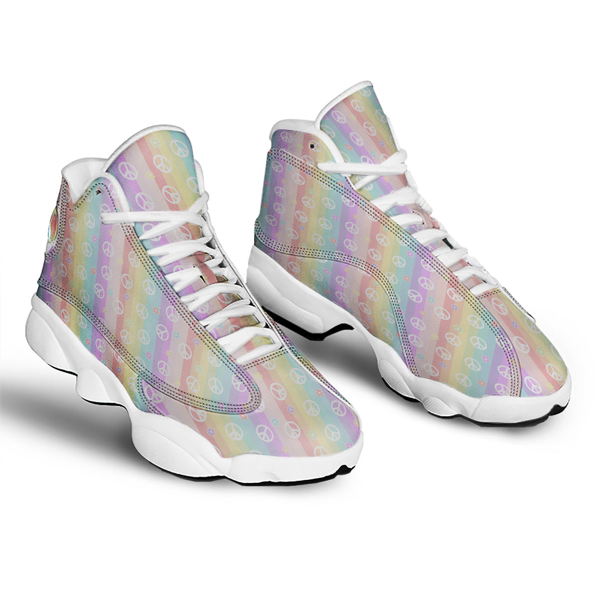 Cute Peace Symbol And Daisy Print Pattern White Basketball Shoes-grizzshop