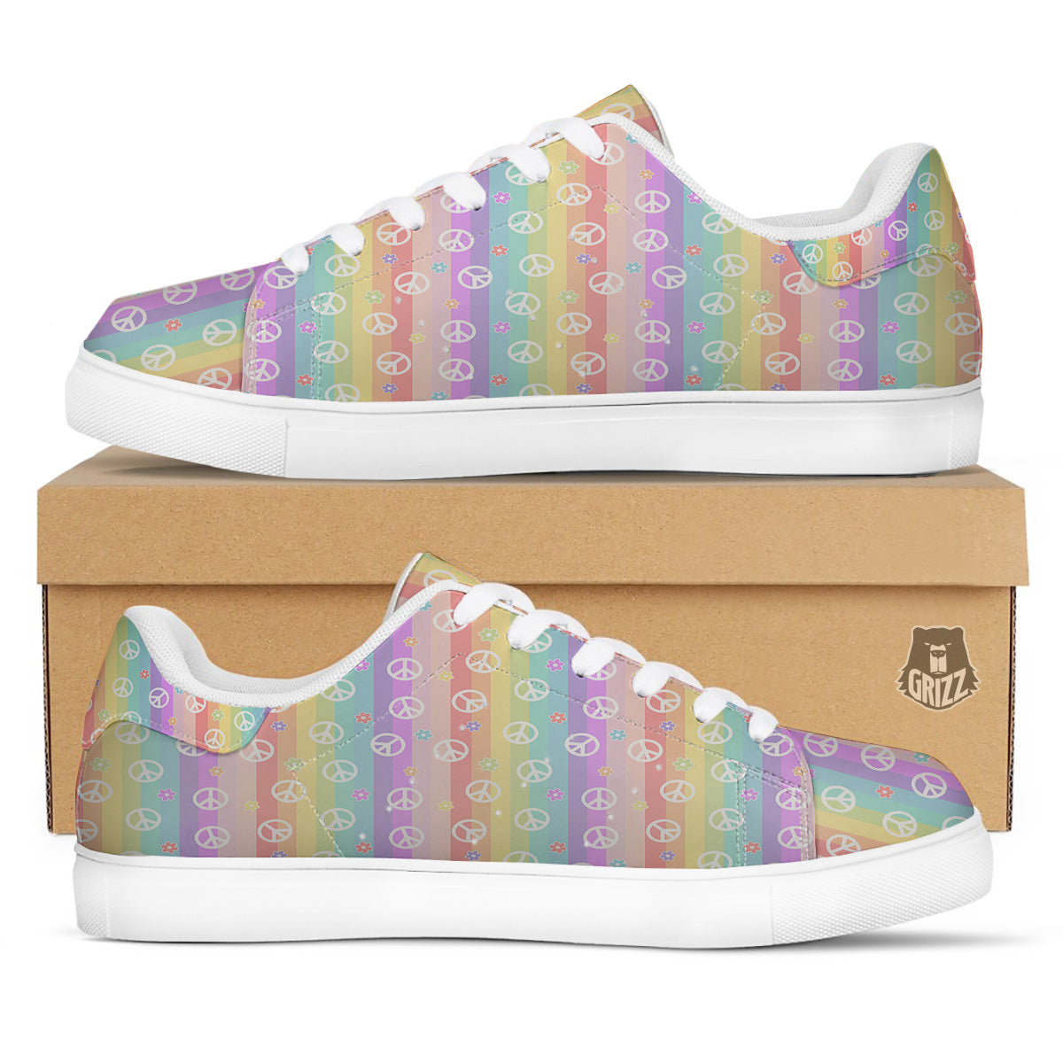 Cute Peace Symbol And Daisy Print Pattern White Low Top Sneakers-grizzshop